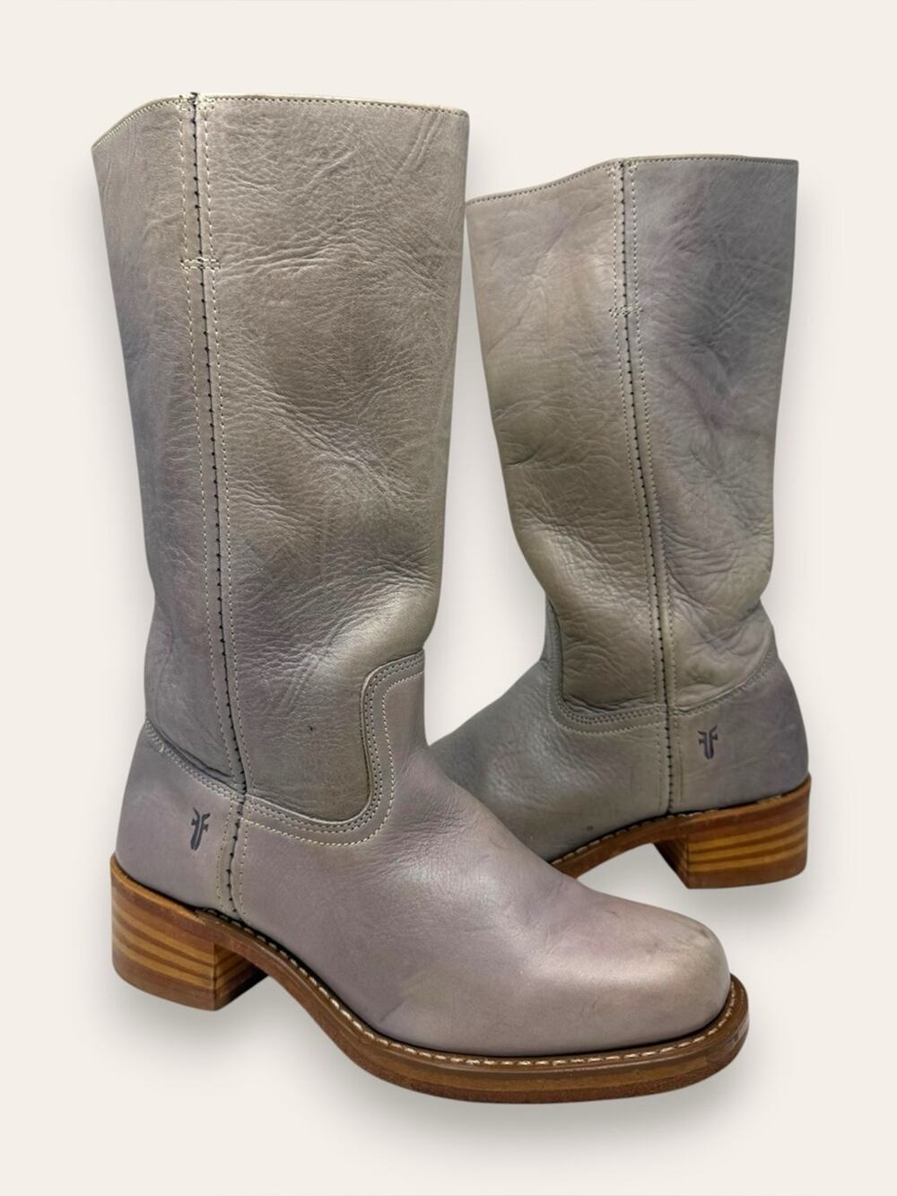 FRYE Campus 14L Leather Riding Boots Stacked Heel Lilac Gray 10 Women’s